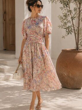 Vintage Point of View Silk Jacquard Floral Dress Ruched Waist Midi